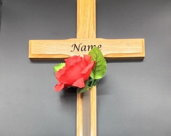 Grave cross with lettering and clear varnish sealed