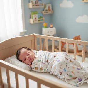 May include: A newborn baby sleeping peacefully in a wooden crib. The baby is wrapped in a white patterned blanket with colorful illustrations. The crib is in a nursery with a light blue wall and cloud decals.