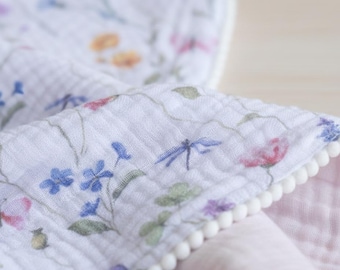Personalized Pink Floral Muslin Baby Blanket, 4-Layer Cotton Swaddle, Pompom Trim Personalized Blanket Muslin Blanket Muslin swaddle