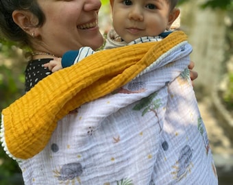 Personalized Organic Muslin Baby Blanket – Safari Print Double Gauze Swaddle with Pom Poms