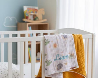 Personalized Baby Blanket - Muslin Baby Swaddle , Blanket with Pom Poms, Double Gauze Muslin Blanket – Organic Cotton Swaddle Blanket - gift