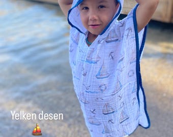 Muslin poncho med huva för baby, ekologisk muslin babyponcho, handduk med huva i bomullsgasväv, 0-5 år, strandpoolöverdrag, surfponcho muslin, huva