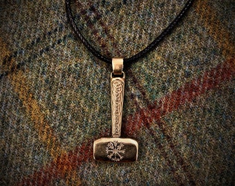 Thor's Hammer with Celtic Knot work and Vegvisir Runes Bronze pendant