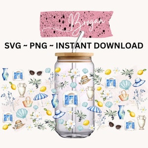 Vibraciones de vacaciones de verano de Santorini PNG UVDTF envoltura, envoltura Libby, taza fría. Producto de descarga digital vacay griego regalo de Grecia