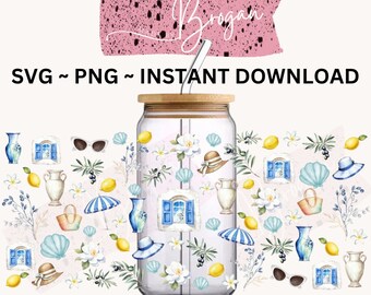 Santorini summer holiday vibes PNG UVDTF wrap,Libby wrap, cold cup. Digital download product vacay greek Greece gift