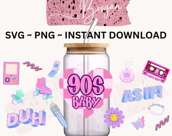 90s baby DIGITAL download file, PNG clipart libby cup wrap, 16oz 24oz instant bright colours funky retro uvdtf dtf vinyl cute