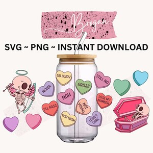 May include: A clear glass tumbler with a bamboo lid and straw, decorated with conversation heart stickers. The stickers have phrases like "GO AWAY" and "GROSS." A skeleton cupid and coffin are also featured.
