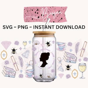 May include: A digital design featuring a glass tumbler with a straw, a silhouette of a woman's head, and various decorative elements including bees, flowers, and books. The text "Brogan" is visible in the upper part of the image.
