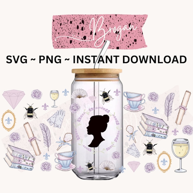 May include: A digital design featuring a glass tumbler with a straw, a silhouette of a woman's head, and various decorative elements including bees, flowers, and books. The text "Brogan" is visible in the upper part of the image.