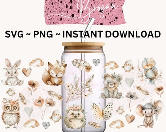 Woodland friends watercolour PNG UVDTF wrap, digital file. Libby wrap, cold cup wraps. Digital download product. Cute animals
