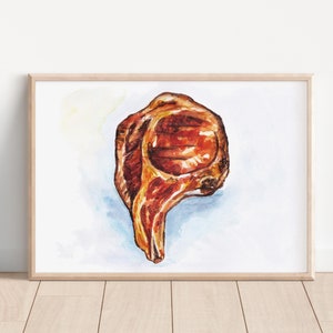 Pork steak watercolor art print, digital download, meat kitchen wall decor, high resolution file printable artwork
