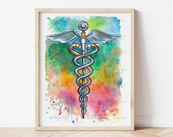 Caduceus Medical Symbol watercolor painting instant download printable artwork