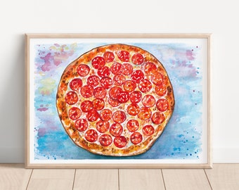 Pepperoni pizza watercolor painting instant download printable artwork