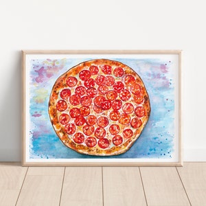 Pepperoni pizza watercolor painting instant download printable artwork