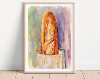 French baguette watercolor printable art bread in paper bag instant download high resolution kitchen wall decor digital file