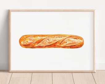 French Baguette watercolor printable wall art, kitchen decor, bakery artwork, digital download, high-resolution printable file