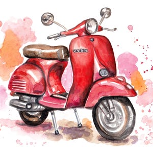 Red Vespa scooter printable wall art, hand-painted watercolor Italy artwork instant download high resolution digital file