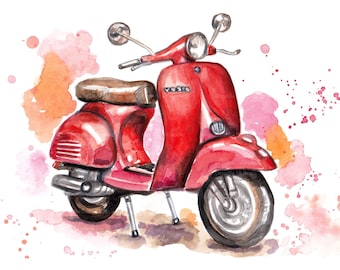 Red Vespa scooter printable wall art, hand-painted watercolor Italy artwork instant download high resolution digital file