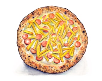 Impresión digital de pizza, papas fritas y salchichas en acuarela | Arte de cocina de descarga instantánea, póster de comida rústica, ilustración imprimible