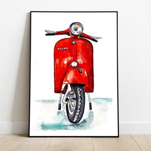 Red Vespa scooter watercolor painting instant download printable artwork
