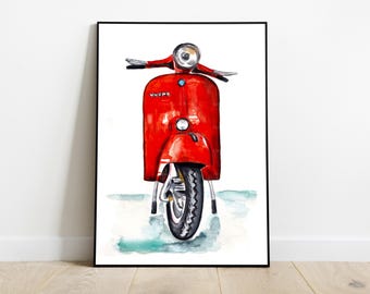 Red Vespa scooter watercolor painting instant download printable artwork