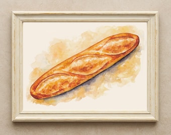 French baguette watercolor printable wall art instant download  kitchen decor digital painting food illustration