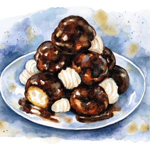 Pode incluir: Uma pintura em aquarela de um prato de profiteroles cobertos de chocolate com chantilly por cima. Os profiteroles estão dispostos em forma de pirâmide e são regados com molho de chocolate.