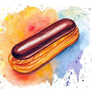 May include: A watercolour painting of a chocolate éclair on a colourful background. The éclair is a long, thin pastry with a chocolate glaze and a light brown filling. The background is a mix of yellow, orange, red, blue, and purple.