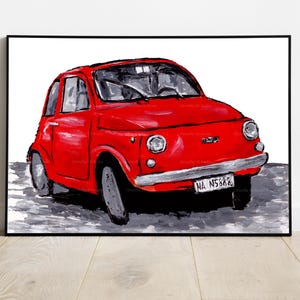 Red Fiat 500 Printable Wall Art – Vintage Italian Car, Hand-Painted Acrylic, Instant Download printable artwork