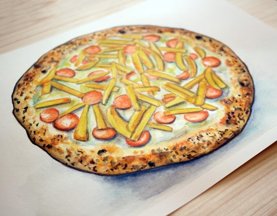 Pizza With Fries and Sausage Watercolor Printable | Instant