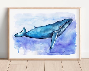 Humpback whale watercolor printable art, instant download ocean sea life wall decor poster