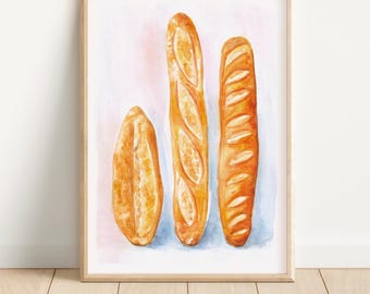 French Baguette watercolor printable wall art, kitchen decor, bakery artwork, digital download high resolution hand-painted file
