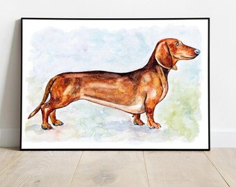 Teckel aquarel digitale print schattige hond realistische wanddecoratie huisdier direct downloaden hoge resolutie