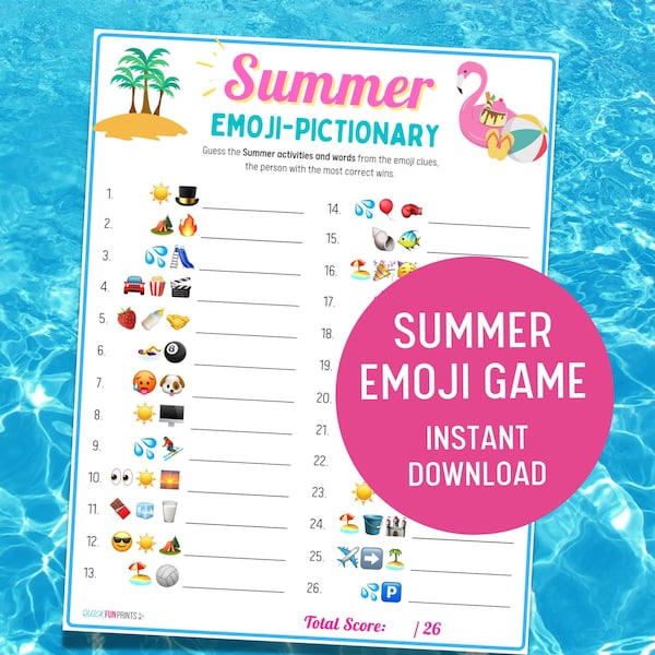 Pictionnaire d'emojis d'été, quiz imprimable d'emojis d'été, jeu d'emojis d'été à la piscine, jeu d'été en famille, jeu de société, impression d'été