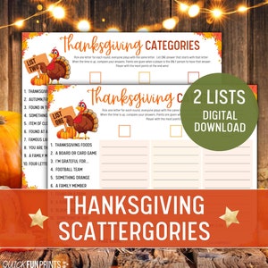 Thanksgiving Scattergories Game: 2 Lists, Family Fun (Printable Instant Download)