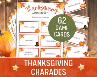 Thanksgiving Charades & Pictionary, 62 Printable Game Cards for Family Fun and Friendsgiving. Instant Download