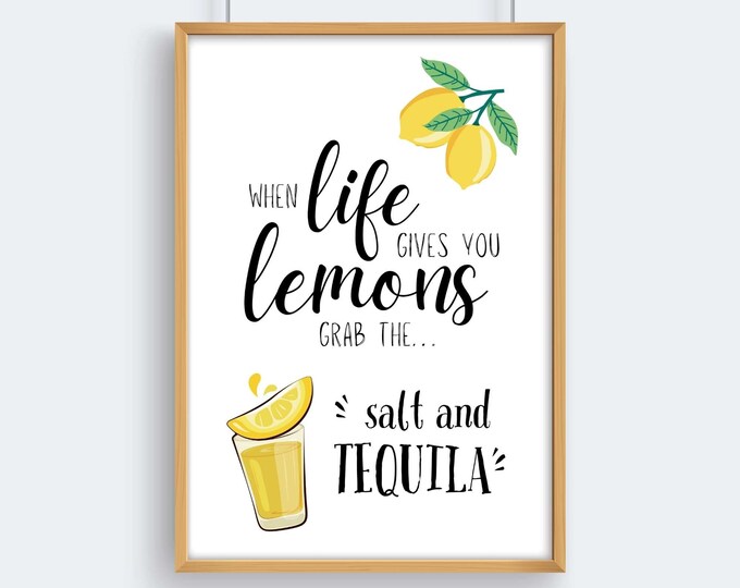 Featured listing image: Lemon Tequila Kitchen Art Print: Funny Bar Decor (Instant Download)