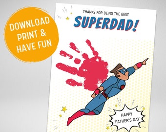 SUPERDAD Father&#39;s Day Printable | Handprint Art Craft | Superhero Personalized Gift | Fathers Day Personalized | Baby Toddler Download Print