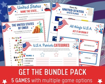 Labour Day Party Games Bundle: USA Charades, Emoji Quiz (Printable Games)