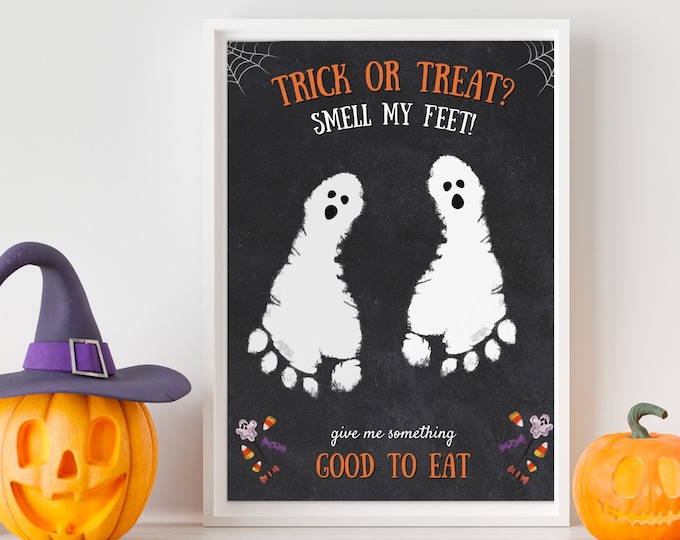 Featured listing image: Halloween Footprint: Trick or Treat Smell My Feet (Digital Download). Halloween Wall Art Template, Halloween Kids Activity Printable