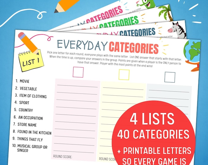 Featured listing image: Printable Scattergories Game: Family Party Game (Instant Download)