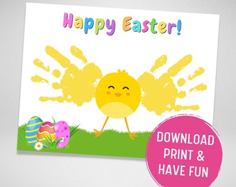 EASTER Chick Handprint Card, Happy Easter Handmade Gift, Easter Chicken Handprints, Finger Painting Easter, Easter Craft, Easter Printable