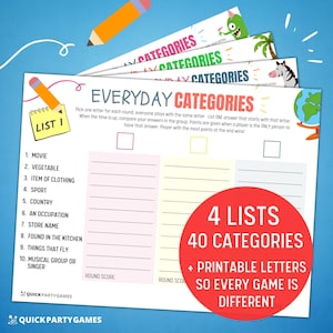 Jeu imprimable de scattergories, 4 listes, jeu de catégories, jeu familial amusant, jeu de société, jeu pour enfants imprimable, facile à imprimer, téléchargement immédiat