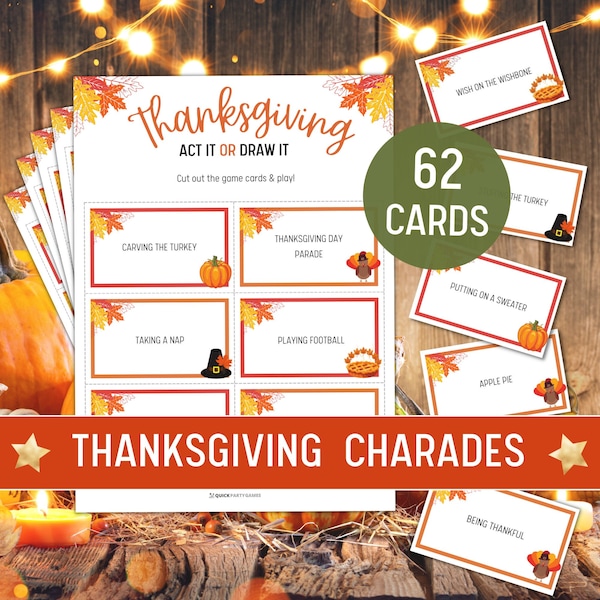 Thanksgiving Charades, 62 Thanksgiving Cards, Thanksgiving Pictionary, Thanksgiving Printable Game, Thanksgiving Family Game, Friendsgiving