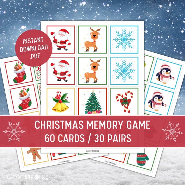 Weihnachts-Memory-Spiel, 60 Spielkarten, Weihnachts-Familienspiel, Xmas-Memory-Spiel, Paare Spiel, Sofort-Download-Spiele, Weihnachtsspiele zum Ausdrucken