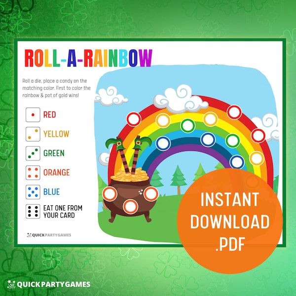 St Patricks Day Game, Roll A Rainbow Dice Game, Printable Rainbow Candy Dice Game, Rainbow Pot of Gold, Download, Best St Paddy’s Games