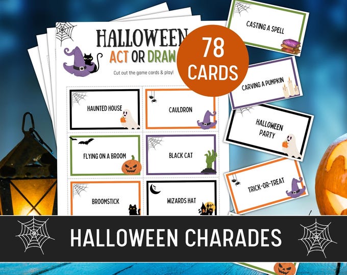 Featured listing image: Halloween Charades Game, 78 Printable Cards (Digital Download). Halloween Game for Kids and Adults. Fun Halloween Party Game Act or Draw