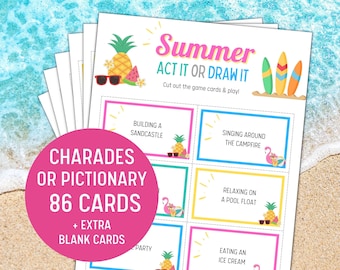 Summer Charades Pictionary: Family Game 86 Cards (Printable Digital Download)