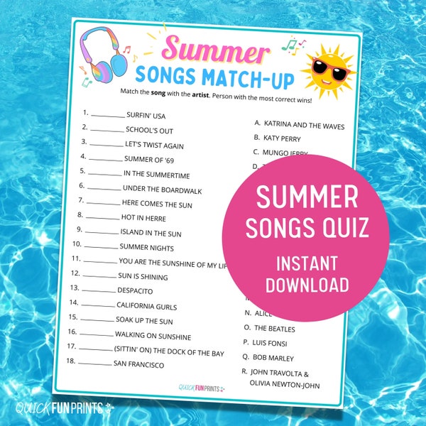 SUMMER Songs Match Up Game, Summer Songs Printable Quiz, Summer Pool Party Game, Match Song and Artist, Summer Party Game, Printable Game