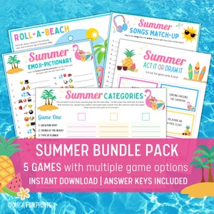 SOMMER Spiele Bundle, Sommer Scharade, Sommer Kategorien Pictionary, Emoji Quiz, Würfelspiel, Sommer Songs Quiz, Druckbare Spiele, Familienspiele